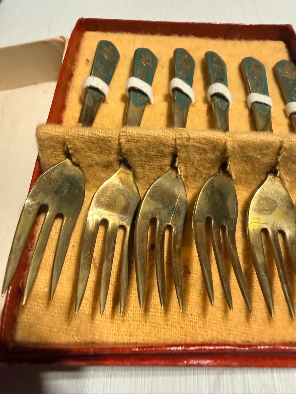 Vintage Brass Dessert Fork Set with Teal Floral Handles